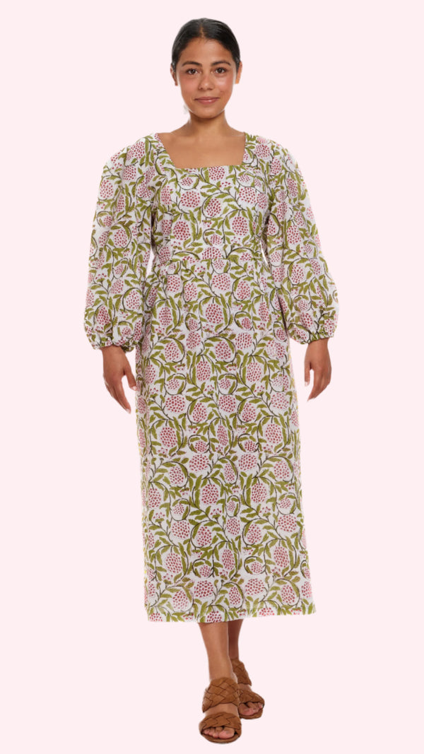 Maven Fargo 02 dress, Indian handblocked cotton, pink & green sleeper dress,
