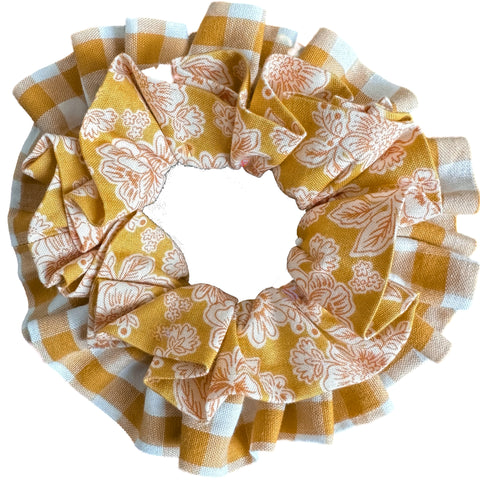 Maven Ruffle™️ Scrunchie (Duet) - mustard yellow gingham & floral