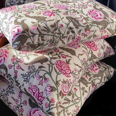 Handmade cushion cover - Pink & Sage Hand-blocked Print