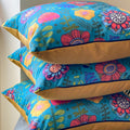 Handmade cushion - colourful bold flowers on teal