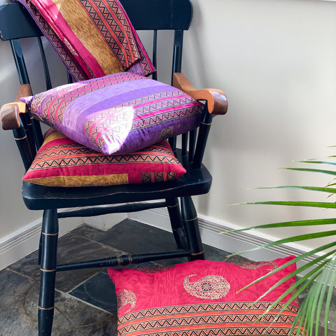Purple and pink  Hand-blocked Print cushions on chair