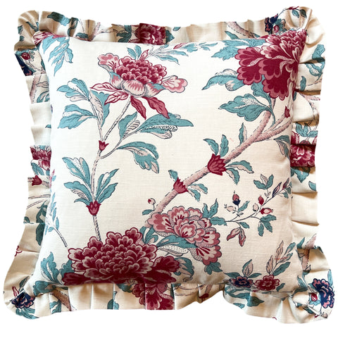 Linen red and turquoise/teal ruffle cushion
