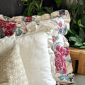 Linen red and turquoise/teal ruffle cushion with grey ruffle cushion and diamond cushion