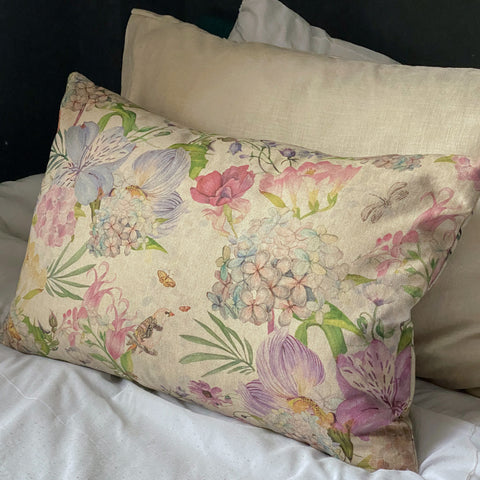 Printed linen cushion cover, with floral design, and linen pillowcase