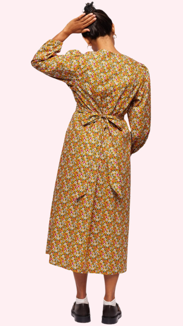 Maven Fargo 01 dress, mixed heritage girl in mustard yellow ditsy floral cottage core dress