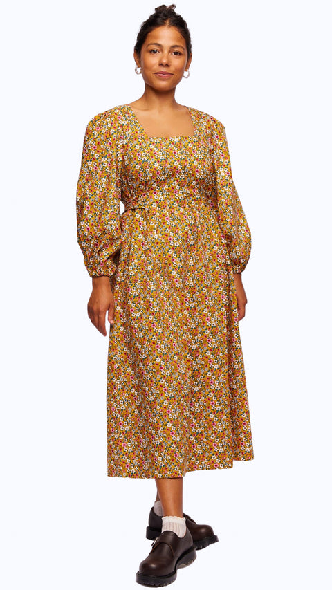 Maven Fargo 01 dress, mixed heritage girl in mustard yellow ditsy floral cottage core dress