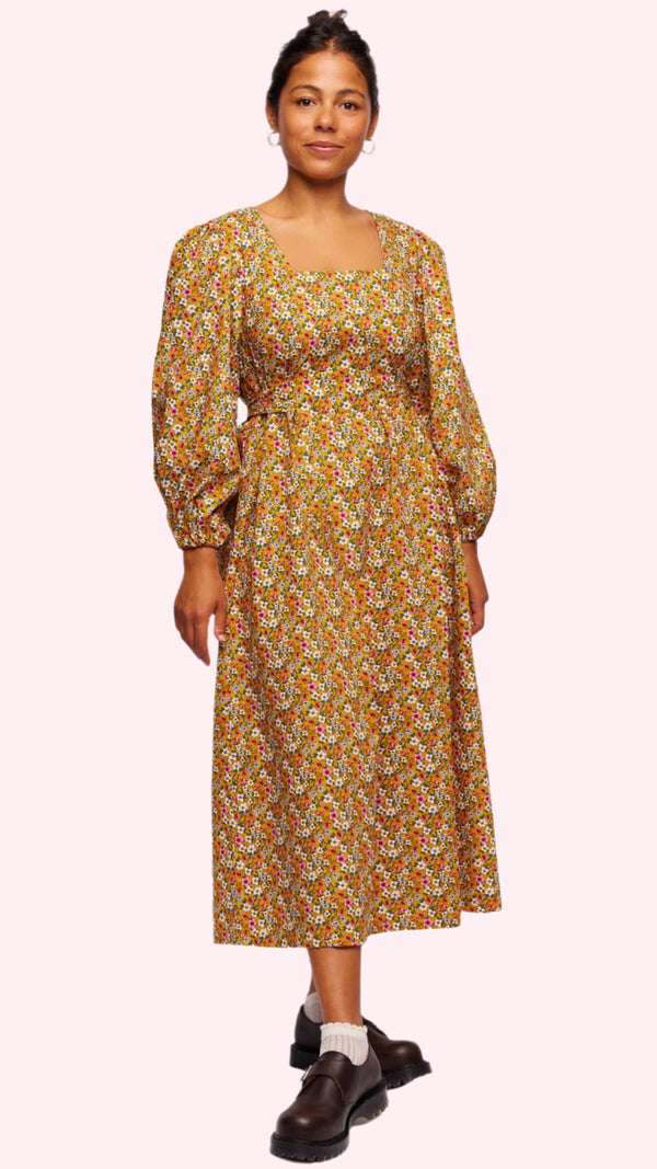 Maven 01 Dress, Mustard Yellow Floral Sleeper Dress MAVEN FARGO Maven 01 Dress, Mustard Yellow Floral Sleeper Dress MAVEN FARGO