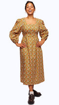 Maven Fargo 01 dress, mixed heritage girl in mustard yellow ditsy floral cottage core dress