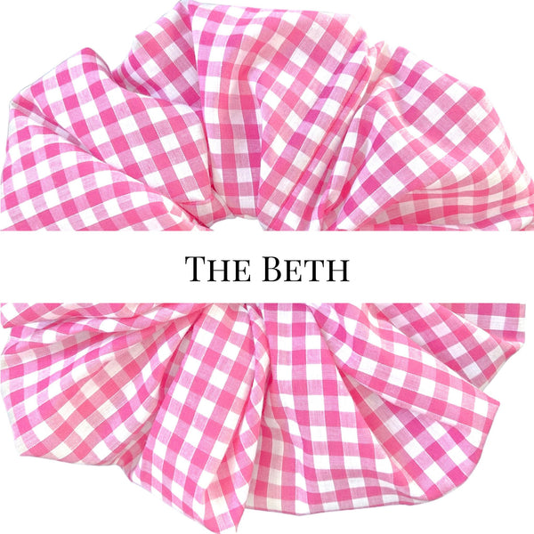 Oversized pink and white gingham scrunchie