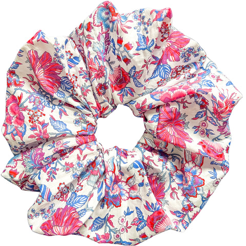Oversized floral scrunchie in blue, red and white handmade by MAVEN FARGO