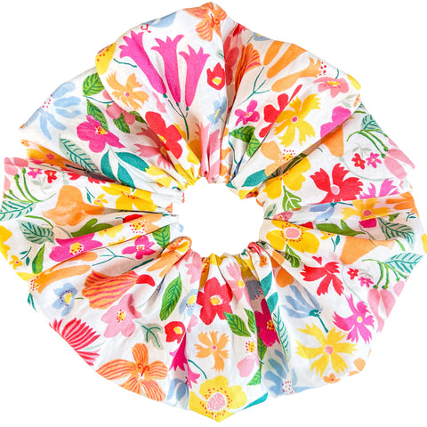 Oversized floral scrunchie in pinks, oranges yellows and greens handmade by MAVEN FARGO
