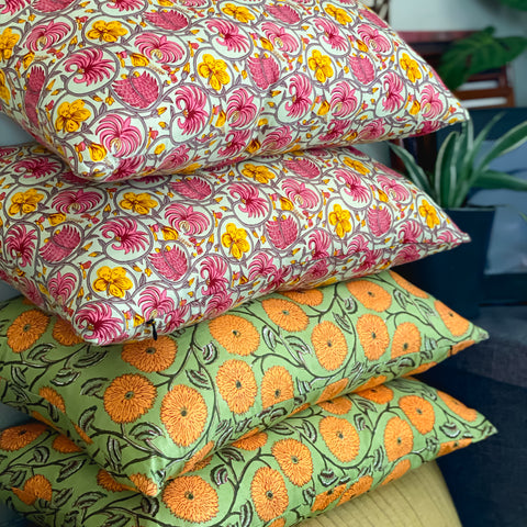 Handmade cushion covers- Pink & Sage hand-blocked print
